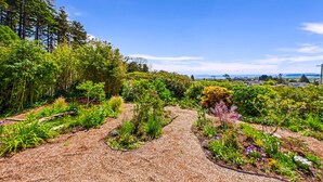 A garden with various plants and flowers, a clear blue sky, and a distant view of a cityscape.