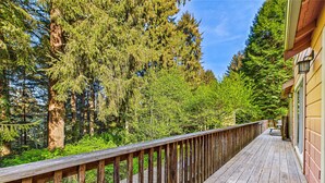 Une terrasse en bois dotée d’une rambarde, entourée d’une forêt dense et d’arbres imposants.