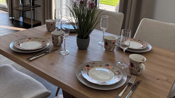 A dining table set with plates, cutlery, and glasses, with a potted plant and a decorative shelf in the background. - Cozy vacation apartment with sun terrace (Schlitz)