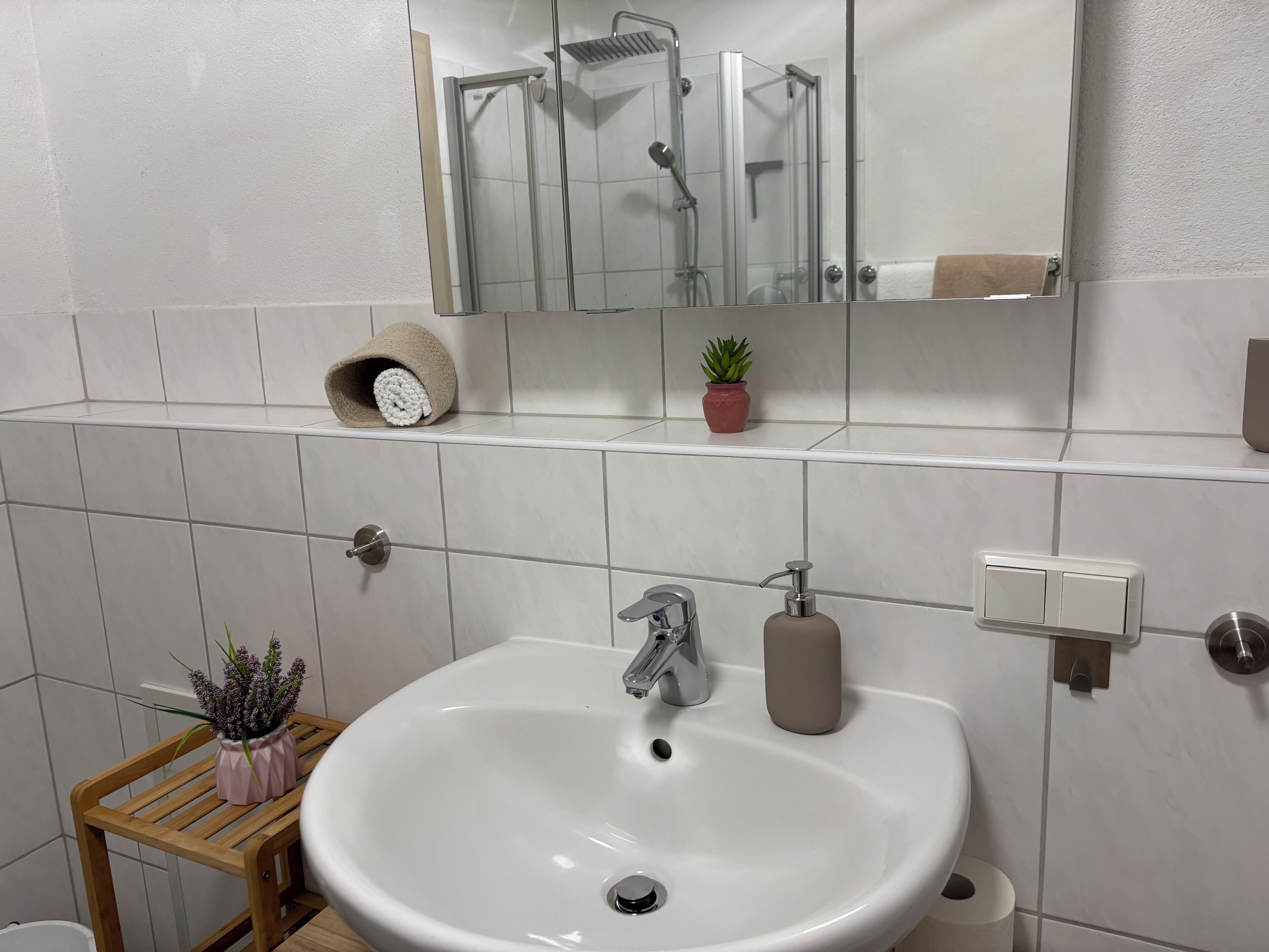 Ett badrum med ett vitt handfat, en spegel, en duschkabin och en liten hylla med en handduk och en växt.