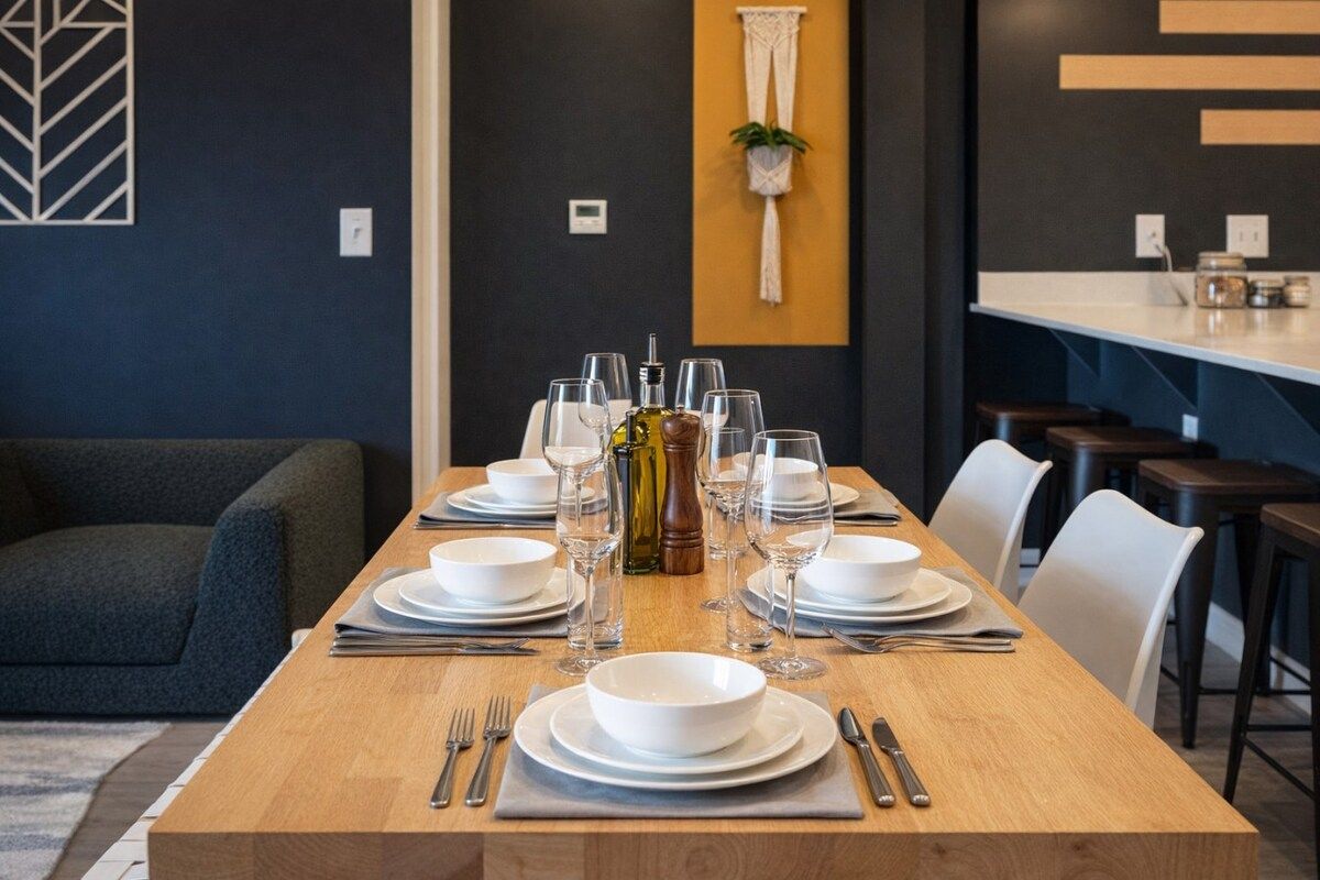 Mesa de jantar posta com pratos brancos, talheres e copos de vinho, com uma planta e uma luminária na parede ao fundo.