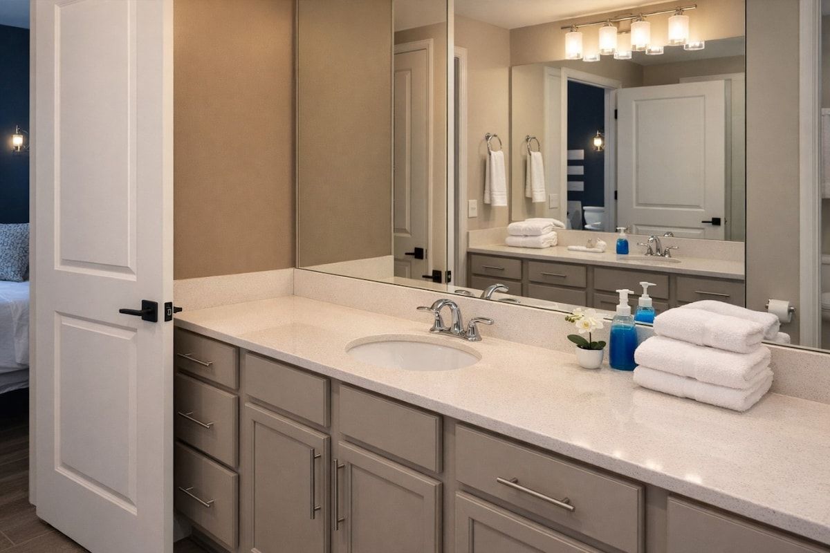 Un baño moderno con un espejo grande, un lavabo y un mueble tocador con cajones.
