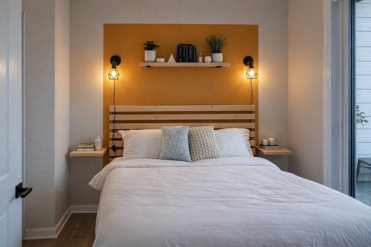 Ein Schlafzimmer mit einem großen Bett, zwei Nachttischen, einem Regal mit Büchern und Pflanzen sowie Wandleuchten.