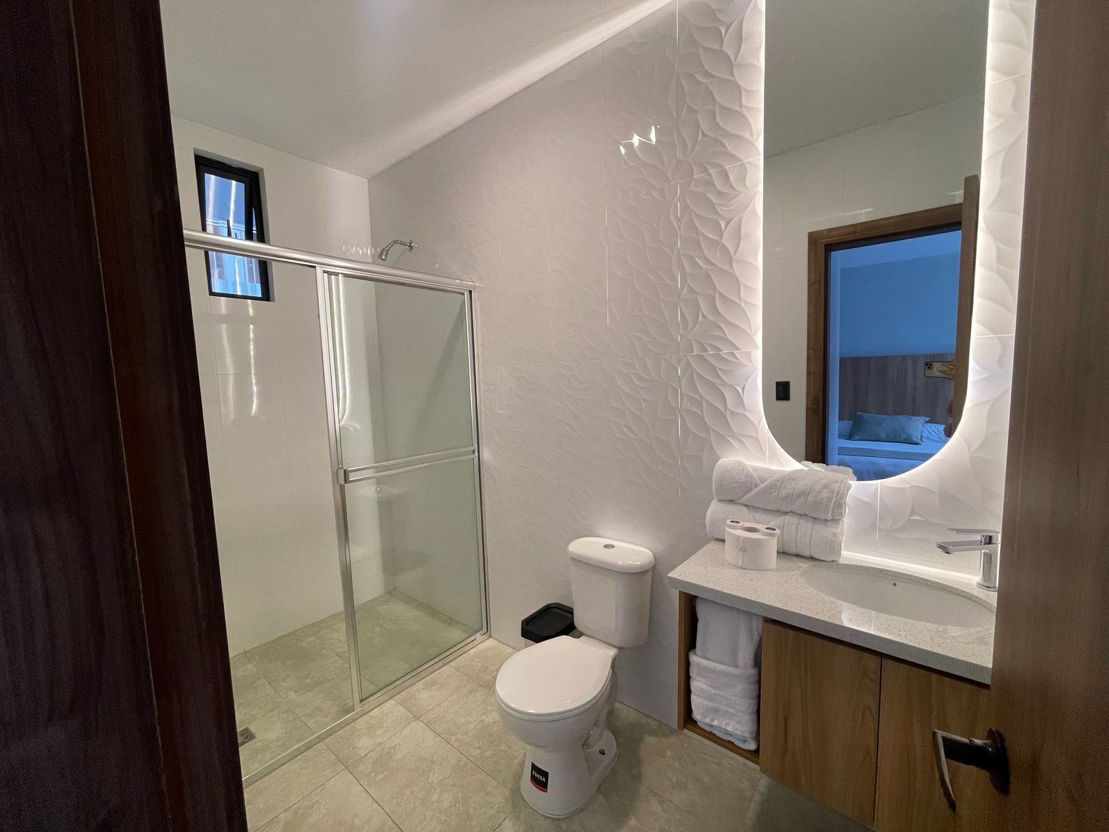 A modern bathroom with a glass shower enclosure, a toilet, and a vanity with a large mirror.