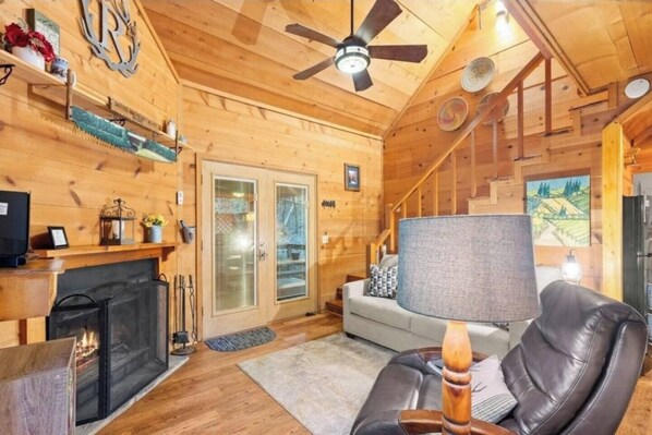 Smart TV, fireplace, DVD player, books