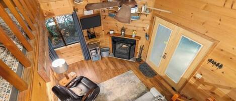 TV, fireplace, books