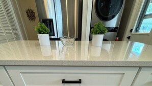 Une cuisine avec des meubles blancs, un réfrigérateur en acier inoxydable et un plan de travail agrémenté de plantes en pot.