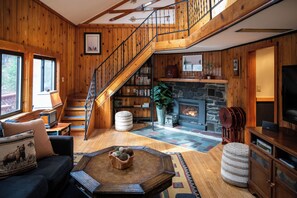 智能电视、壁炉、DVD 播放器、书