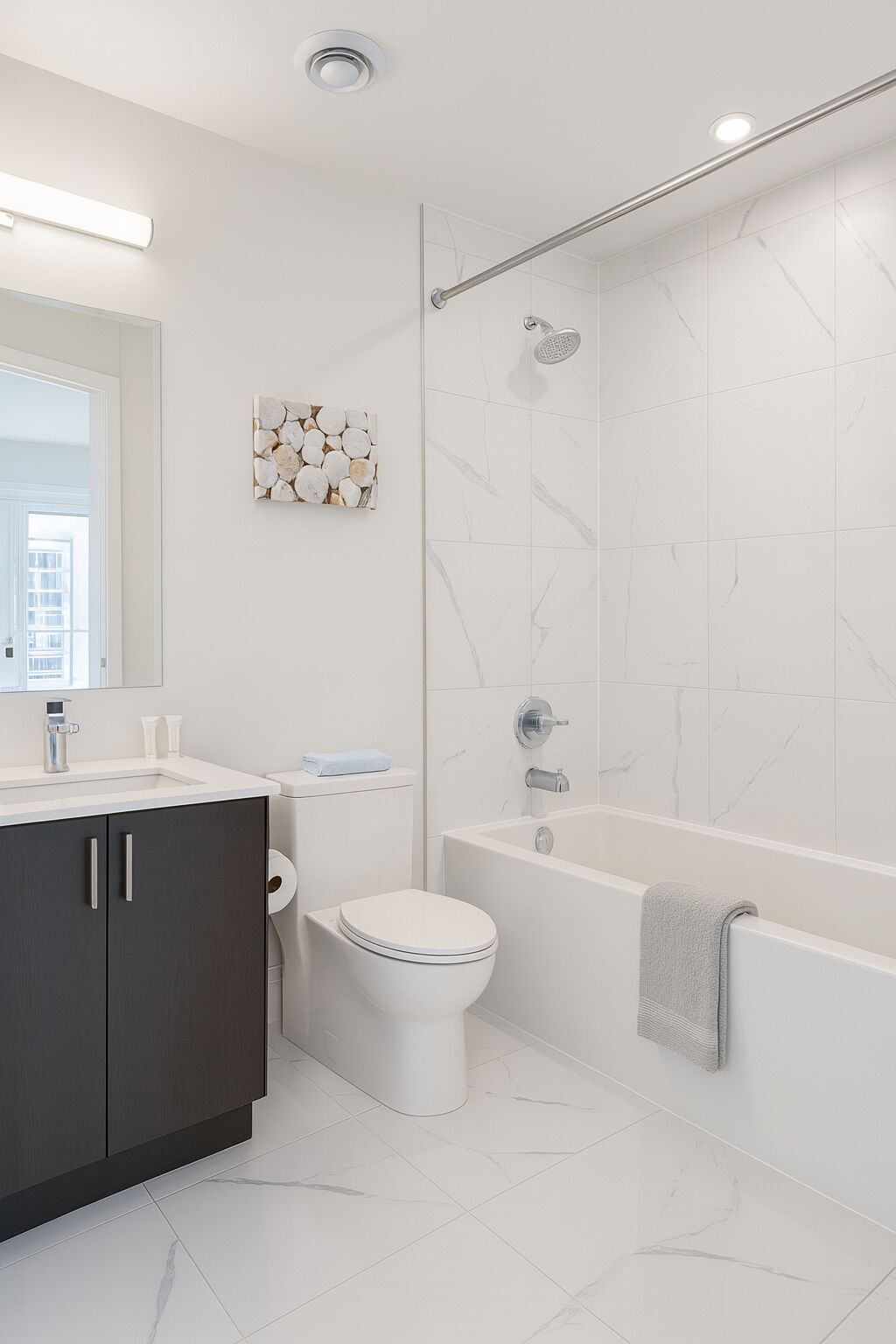 Hair dryer, towels, soap, toilet paper
