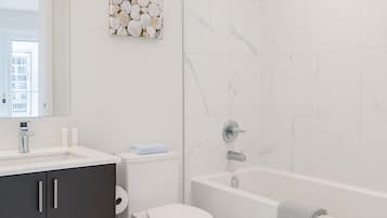 Hair dryer, towels, soap, toilet paper