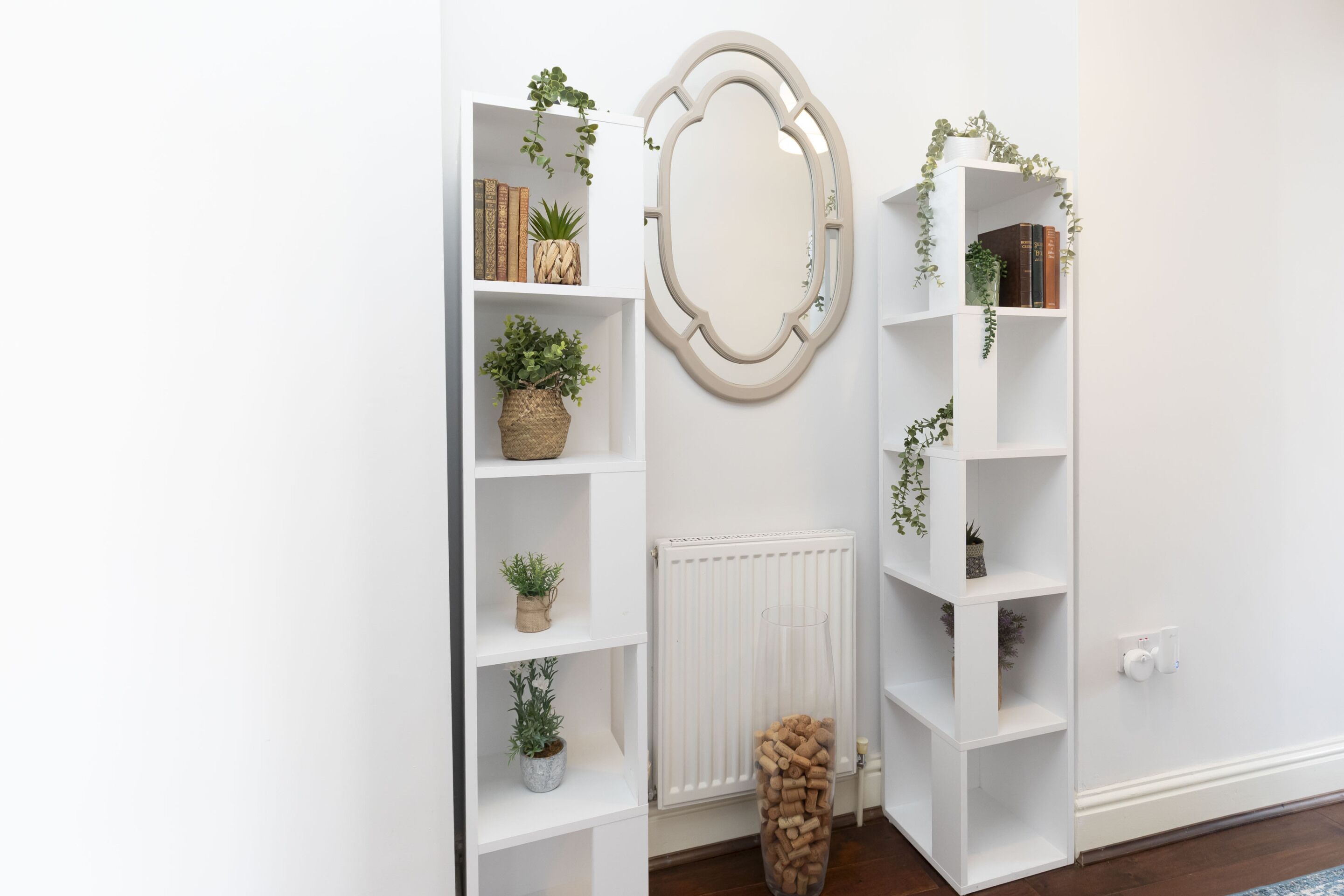 A white interior with two white shelving units, each holding books and potted plants. A large mirror hangs on the wall between them.