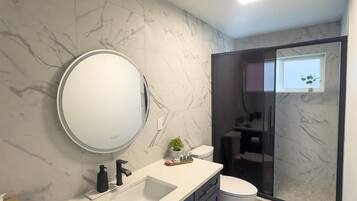 Shower, hair dryer, towels