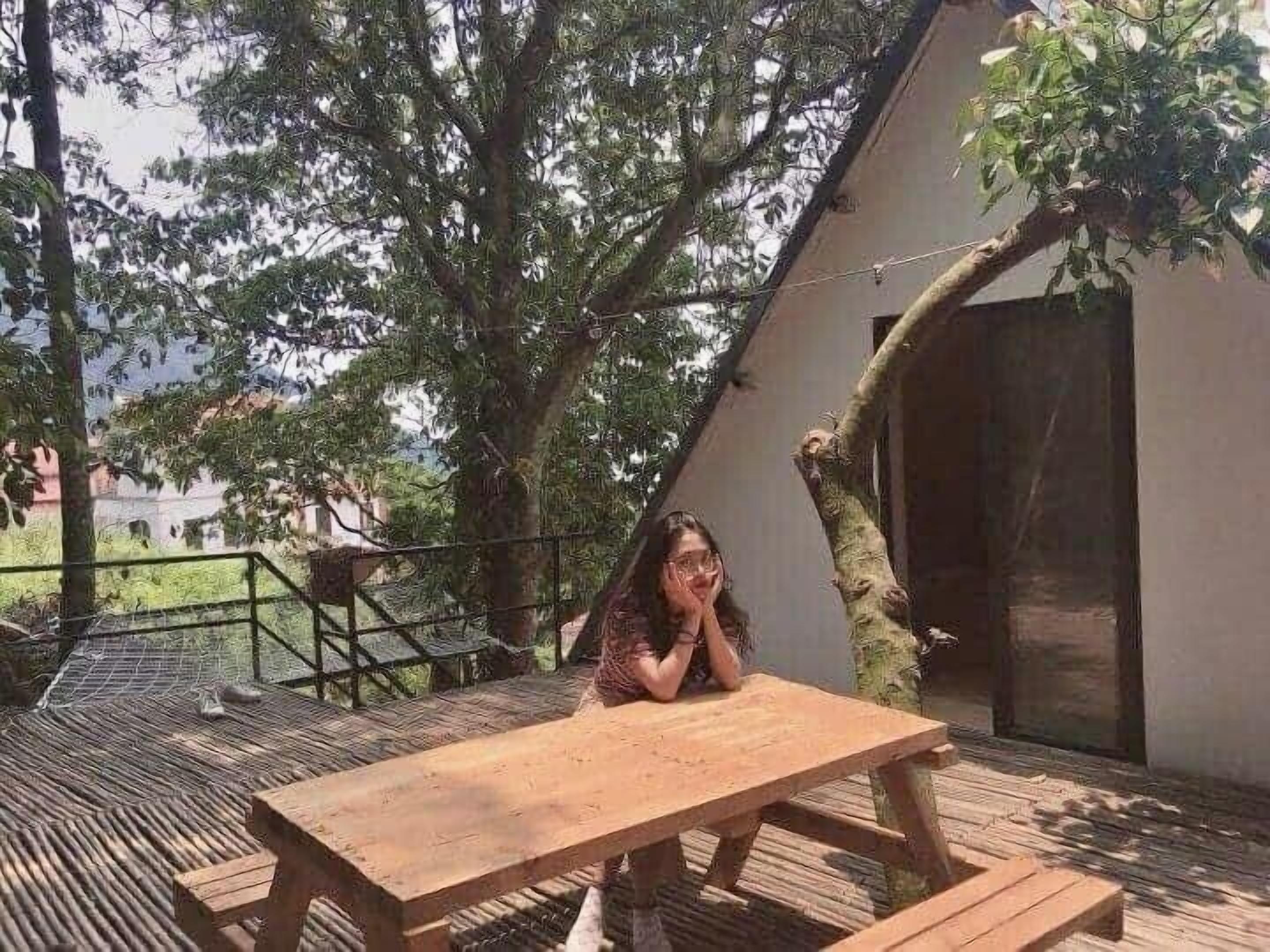 Un pontile in legno con un tavolo da picnic, circondato da alberi e un edificio con tetto spiovente.