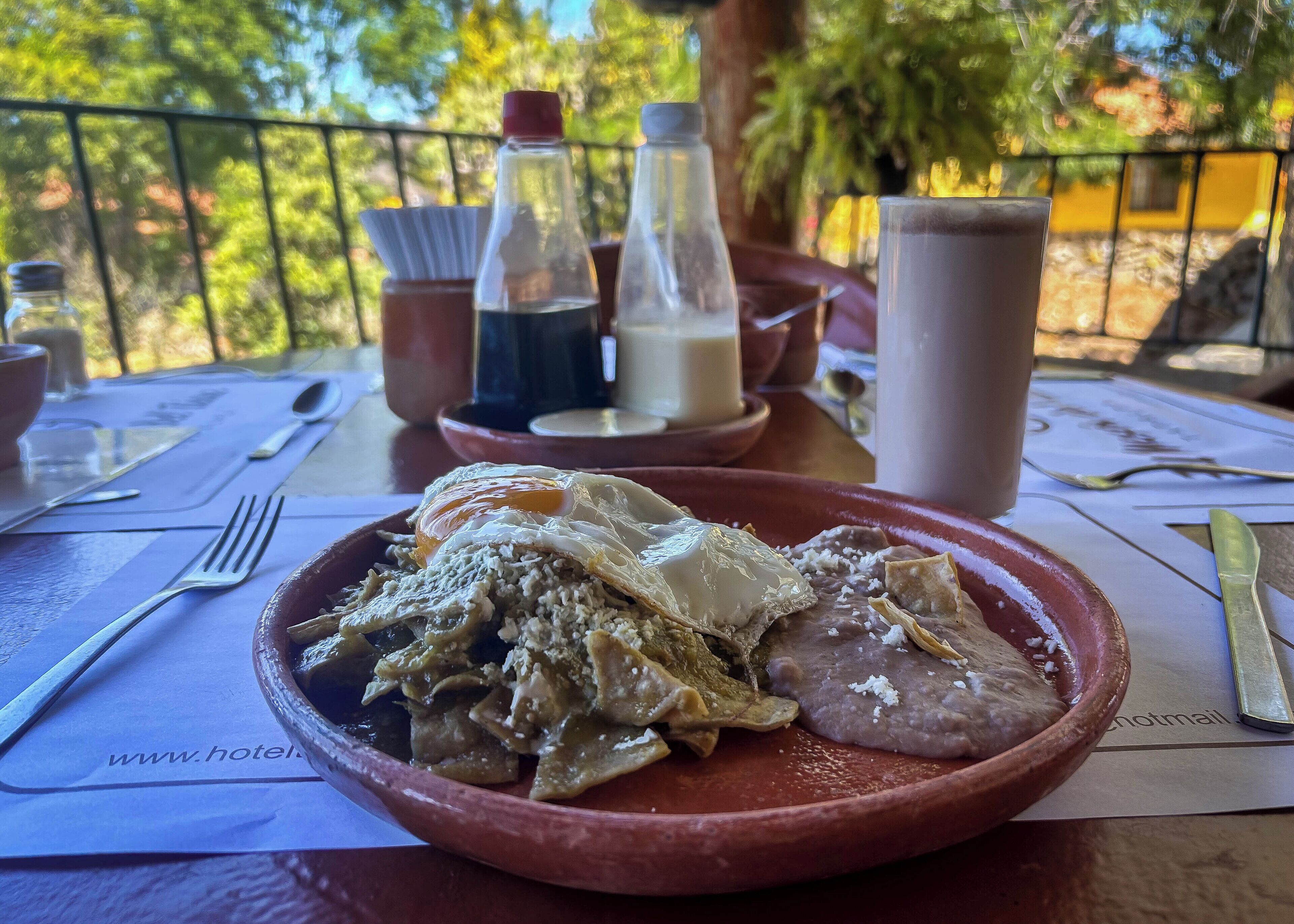 A meal with a fried egg and beans on a table with a view of trees.