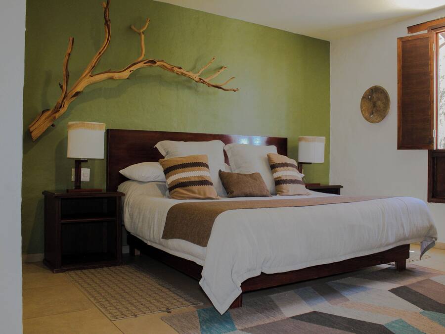 Een opgemaakt bed met een bruin-wit gestreept kussen, een houten hoofdbord en een groene muur.