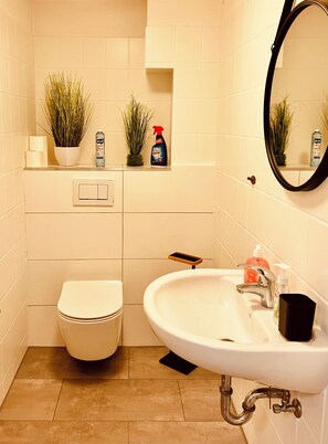 Dusche, umweltfreundliche Kosmetikartikel, Haartrockner, Handtücher