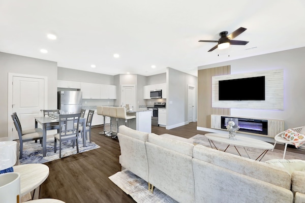 Smart TV, chimenea, libros, estéreo