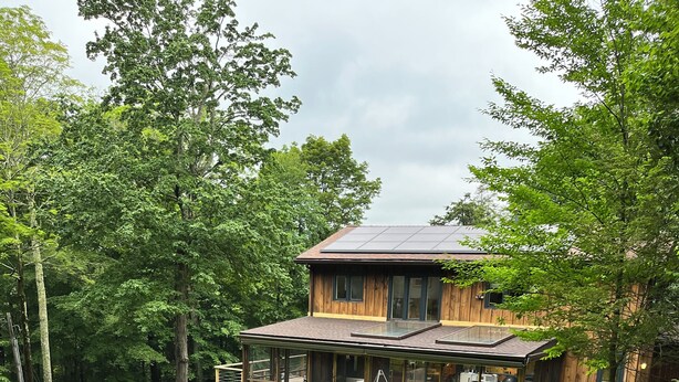 A modern wooden house with a glass conservatory, surrounded by lush green ferns and trees. - Chronogram featured, Modern Mountain Family Home above Woodstock. Dog-Friendly (Bearsville)
