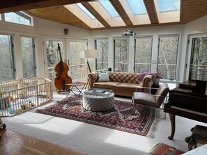 TV connectée, cheminée, livres, espaces bureaux