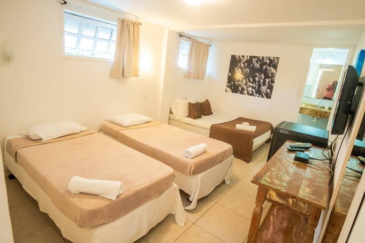 A room with two beds, a small table, a television, and a window with curtains.