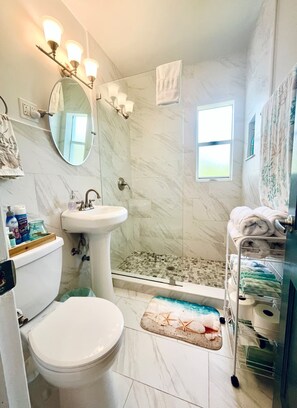 Douche, sèche-cheveux, serviettes fournies, savon