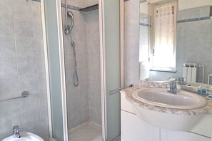 Shower, hair dryer, bidet, towels