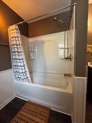 Hair dryer, towels, soap, shampoo