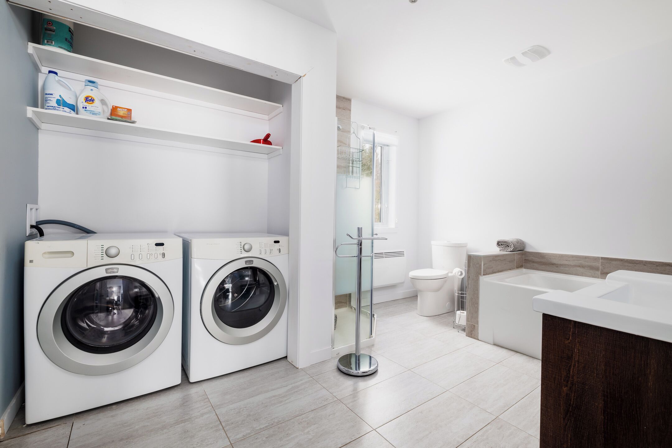 Shower, towels, soap, toilet paper