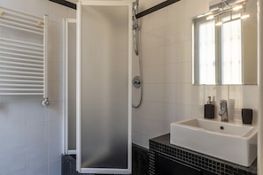 Shower, hair dryer, bidet, towels