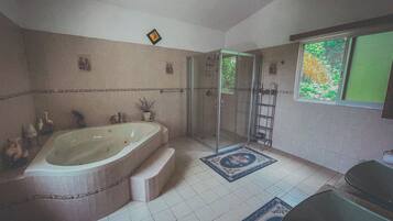 Jetted tub, towels, soap, toilet paper