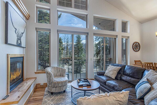 Fernseher, Kamin, Bücher, Stereoanlage