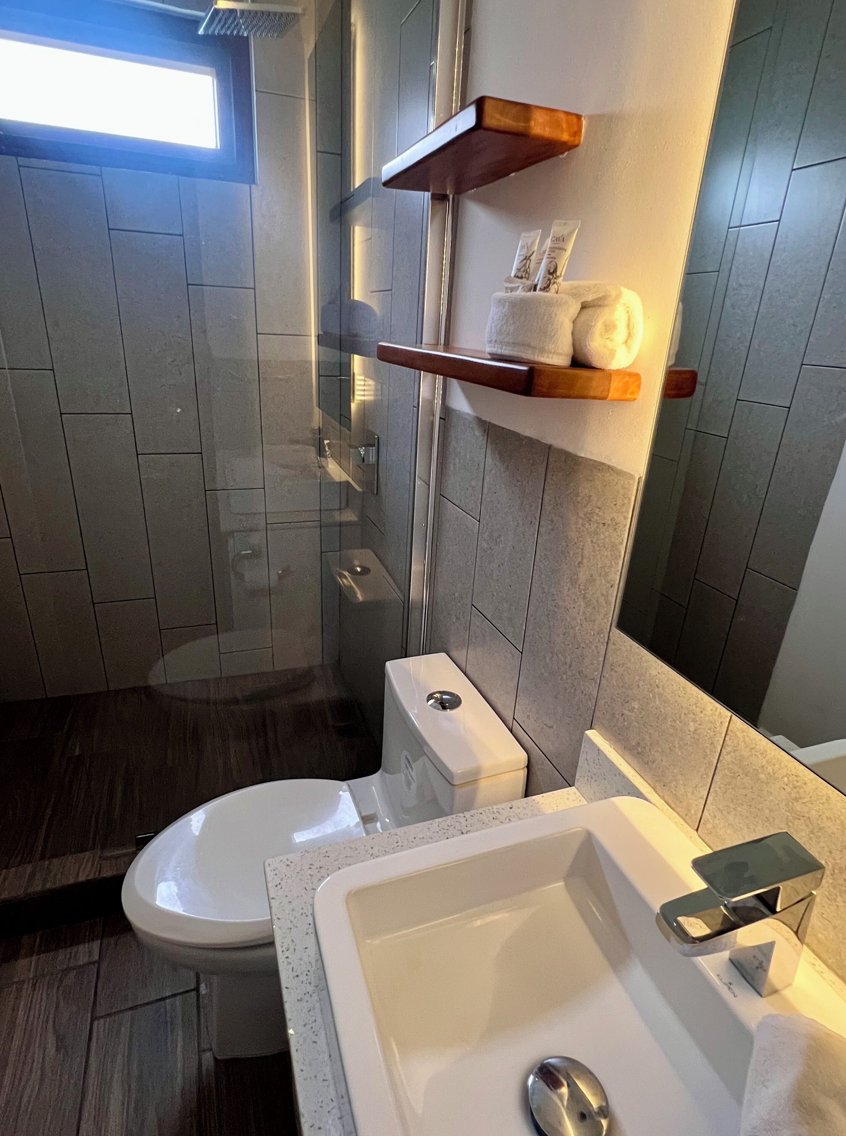 Shower, towels, soap, toilet paper