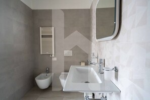 Shower, hair dryer, bidet, towels