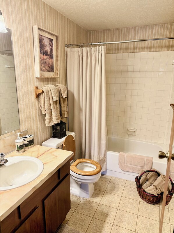 Suihku, hiustenkuivaaja, pyyhkeet, saippua