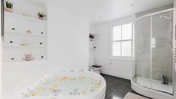 Shower, jetted bath, hair dryer, towels