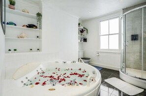 Shower, jetted bath, hair dryer, towels