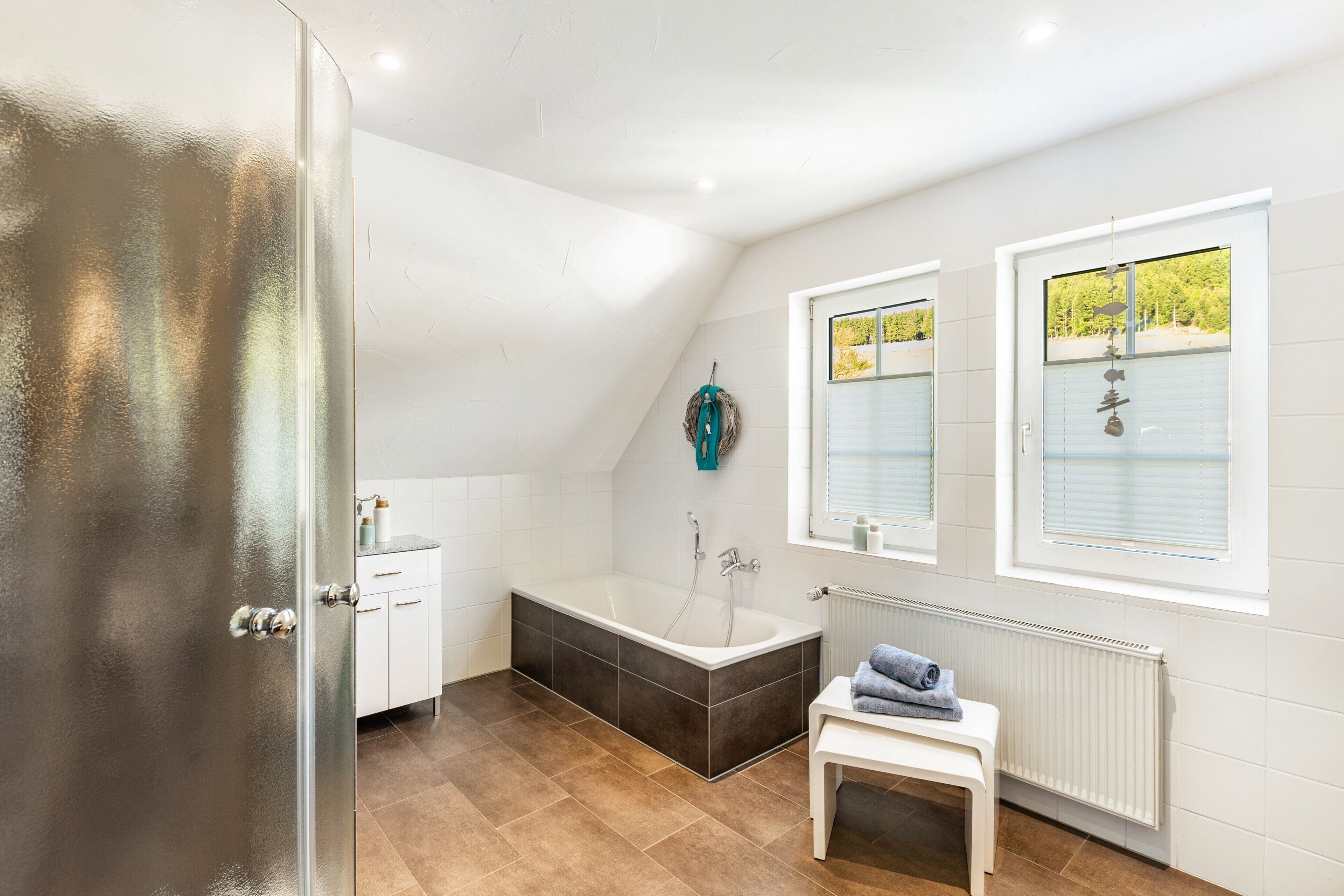 Shower, hair dryer, towels