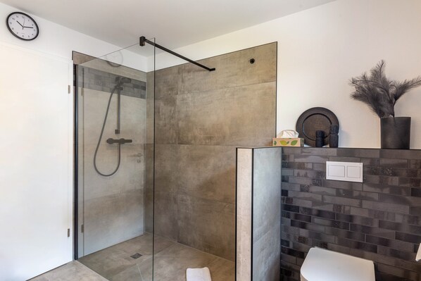 Shower, hair dryer, towels