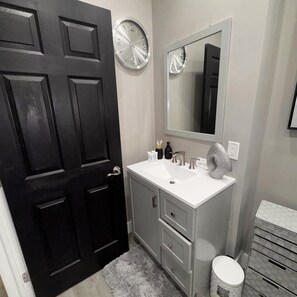 Hair dryer, towels, soap, shampoo