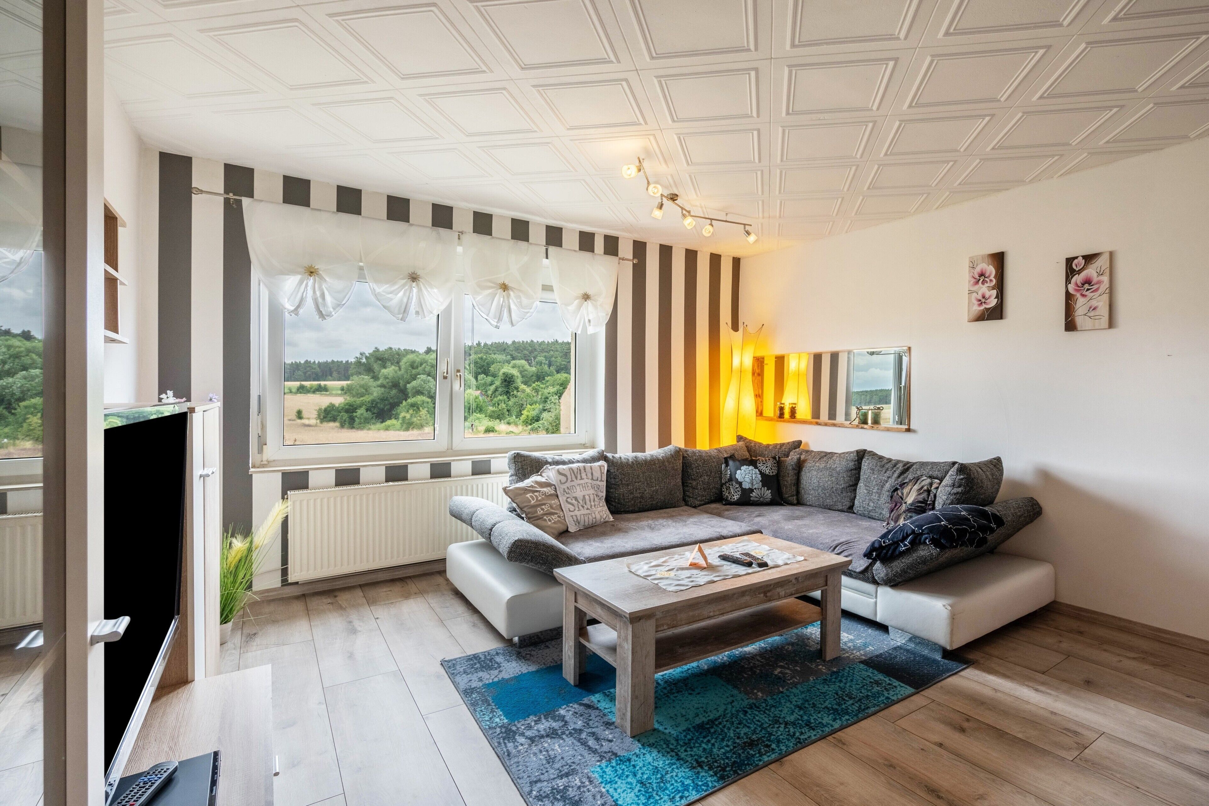 Un salon avec un canapé, une table basse, un radiateur et une vue sur la verdure à l’extérieur.