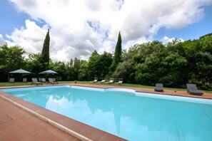 Una piscina con sillas de descanso y sombrillas, rodeada de árboles y un cielo despejado.