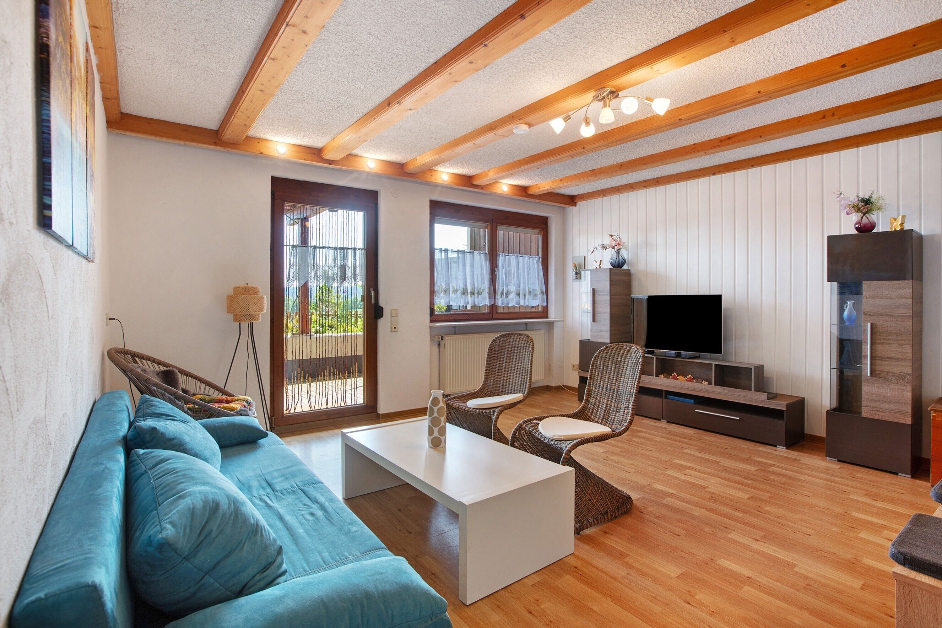 Télévision, cheminée, chaîne hi-fi