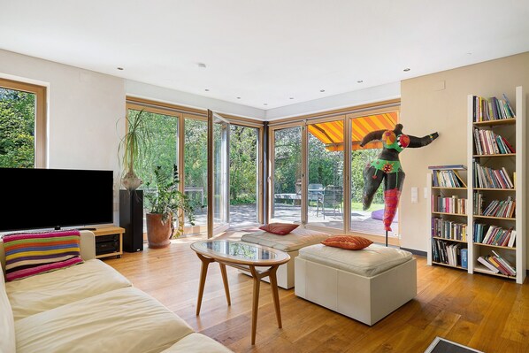TV, fireplace - Loft with Fireplace, Whirlpool, Private Terrace, Garden, and Wi-Fi (Lustenau)