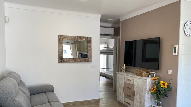 A living room with a grey sofa, a mounted TV, a wooden-framed mirror, and a potted plant with yellow flowers. - Apartment 'Muscletes' with Mountain View, Wi-Fi and Air Conditioning (L'Escala)