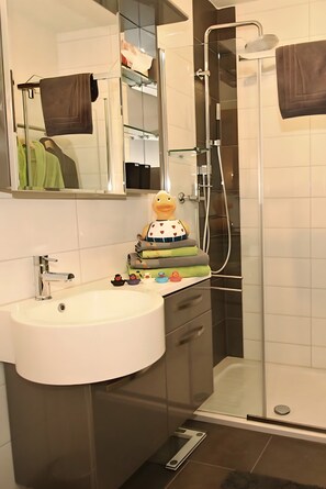 Dusche, Haartrockner, Handtücher