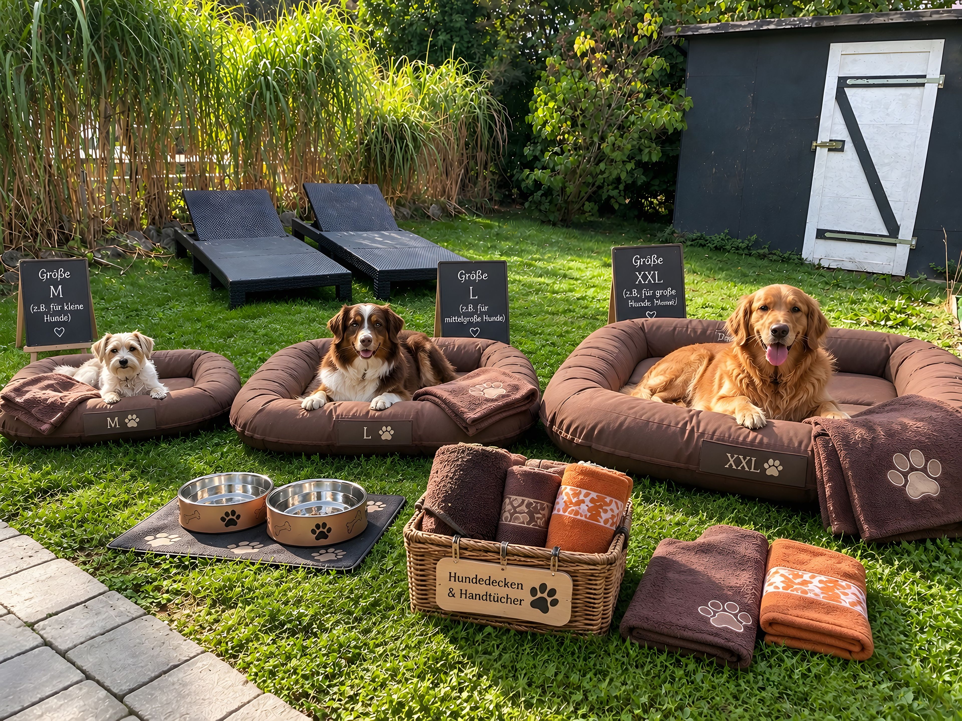 Three dog beds with size labels, a basket of dog treats, and two metal bowls on a grassy area.