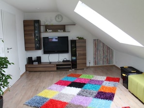 A room with a flat-screen TV, wooden entertainment unit, colorful rug, and a skylight.