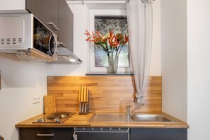 Fridge, microwave, stovetop, coffee/tea maker