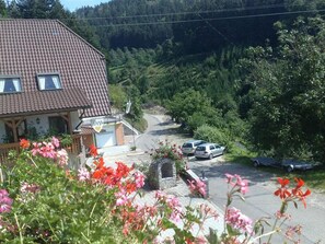 A rural road with a house, parked cars, and a forested hillside.