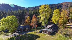A rural house with a sloped roof, surrounded by a forested area with autumn-colored trees. - Sägerhäusle Holiday Home – Rustic Black Forest Cabin at Feldberg (Feldberg)